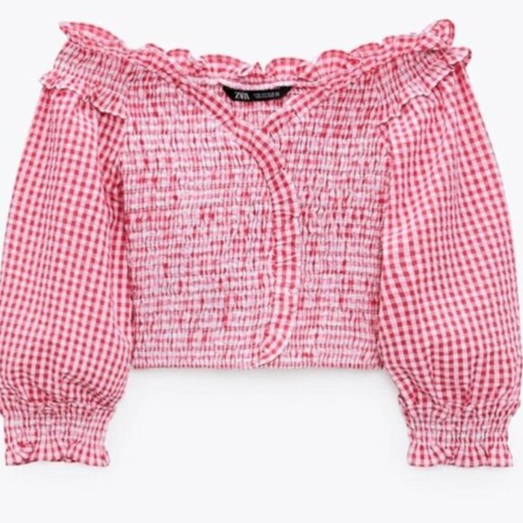 Zara Red & White Stretchy Gingham Top Size L NWT - Picture 3 of 7